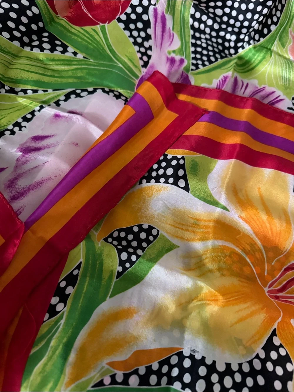 Vintage Vibrant Tropical Floral & Polka Dot Silk Square Scarf